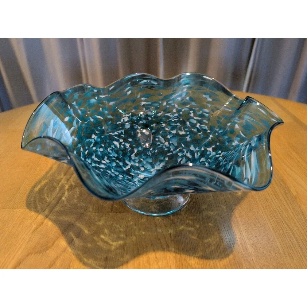 Vtg Blown Art Glass Blue White Confetti Floppy Bowl Handkerchief Ruffle 12